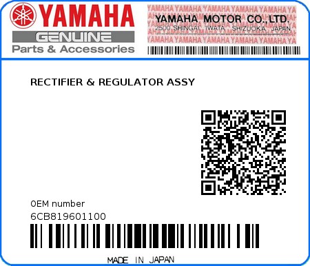 Product image: Yamaha - 6CB819601100 - RECTIFIER & REGULATOR ASSY  0