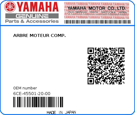 Product image: Yamaha - 6CE-45501-20-00 - ARBRE MOTEUR COMP. 