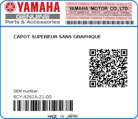 Product image: Yamaha - 6CY-4261A-21-00 - CAPOT SUPERIEUR SANS GRAPHIQUE 