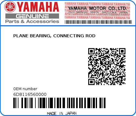 Product image: Yamaha - 6D8116560000 - PLANE BEARING, CONNECTING ROD  0