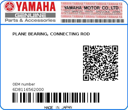 Product image: Yamaha - 6D8116562000 - PLANE BEARING, CONNECTING ROD 