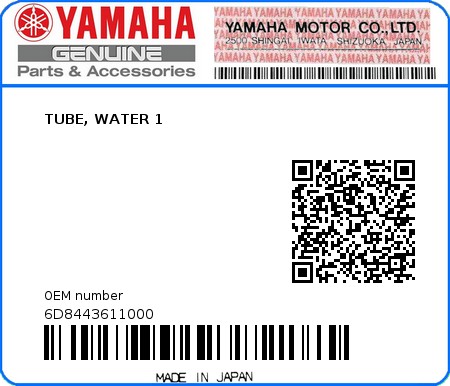 Product image: Yamaha - 6D8443611000 - TUBE, WATER 1 