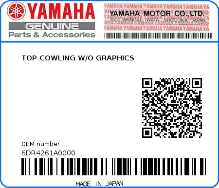 Product image: Yamaha - 6DR4261A0000 - TOP COWLING W/O GRAPHICS  0