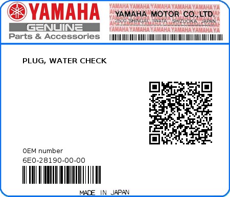 Product image: Yamaha - 6E0-28190-00-00 - PLUG, WATER CHECK  0