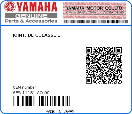 Product image: Yamaha - 6E5-11181-AO-00 - JOINT, DE CULASSE 1  0