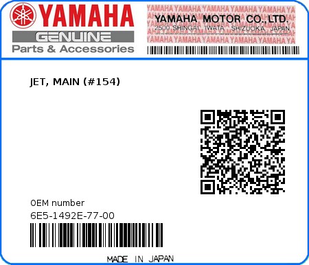 Product image: Yamaha - 6E5-1492E-77-00 - JET, MAIN (#154) 