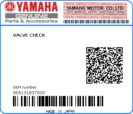 Product image: Yamaha - 6E9131837000 - VALVE CHECK  0