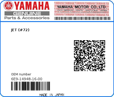 Product image: Yamaha - 6E9-14948-16-00 - JET (#72) 