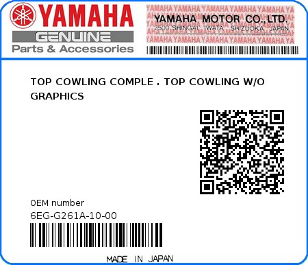 Product image: Yamaha - 6EG-G261A-10-00 - TOP COWLING COMPLE . TOP COWLING W/O GRAPHICS  0