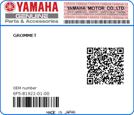 Product image: Yamaha - 6F5-81922-01-00 - GROMMET  0