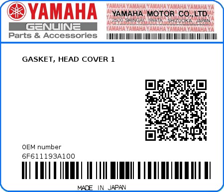 Product image: Yamaha - 6F611193A100 - GASKET, HEAD COVER 1  0