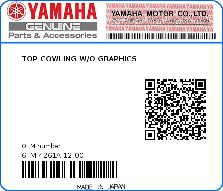 Product image: Yamaha - 6FM-4261A-12-00 - TOP COWLING W/O GRAPHICS 