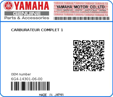 Product image: Yamaha - 6G4-14301-06-00 - CARBURATEUR COMPLET 1  0