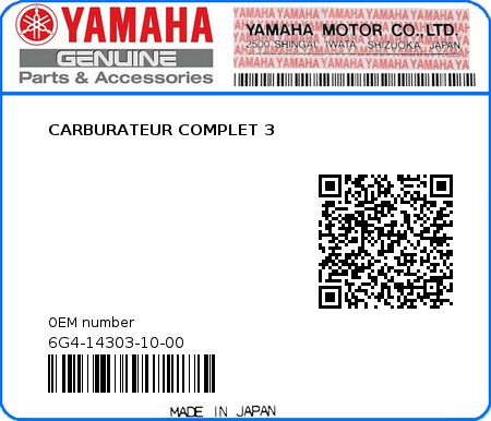 Product image: Yamaha - 6G4-14303-10-00 - CARBURATEUR COMPLET 3  0