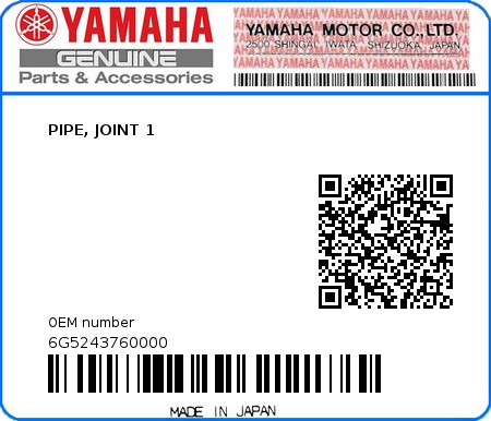 Product image: Yamaha - 6G5243760000 - PIPE, JOINT 1 