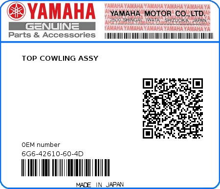 Product image: Yamaha - 6G6-42610-60-4D - TOP COWLING ASSY 