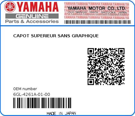 Product image: Yamaha - 6GL-4261A-01-00 - CAPOT SUPERIEUR SANS GRAPHIQUE 