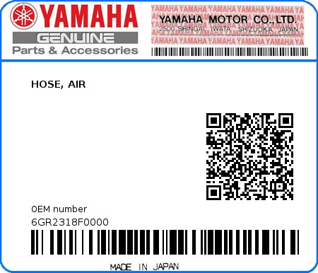 Product image: Yamaha - 6GR2318F0000 - HOSE, AIR 