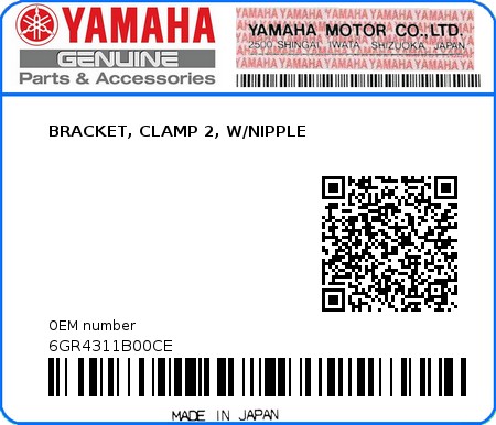 Product image: Yamaha - 6GR4311B00CE - BRACKET, CLAMP 2, W/NIPPLE 