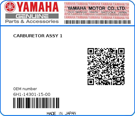 Product image: Yamaha - 6H1-14301-15-00 - CARBURETOR ASSY 1 