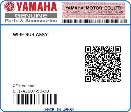 Product image: Yamaha - 6H1-43807-50-00 - WIRE SUB ASSY  0