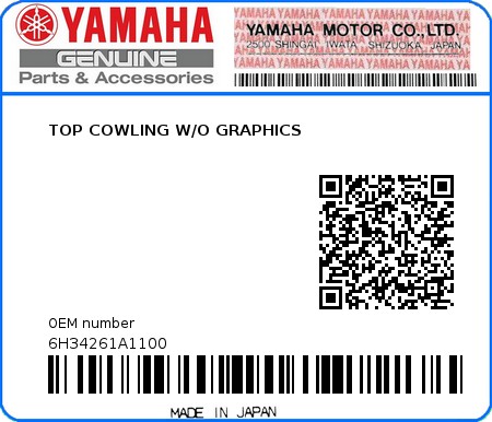 Product image: Yamaha - 6H34261A1100 - TOP COWLING W/O GRAPHICS 