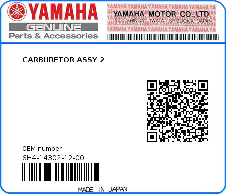 Product image: Yamaha - 6H4-14302-12-00 - CARBURETOR ASSY 2 