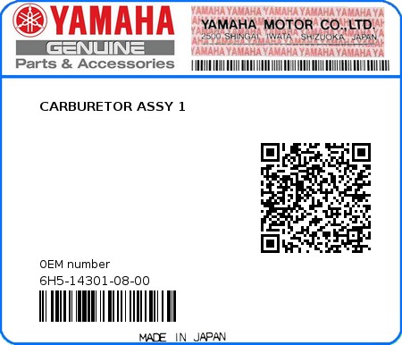 Product image: Yamaha - 6H5-14301-08-00 - CARBURETOR ASSY 1 