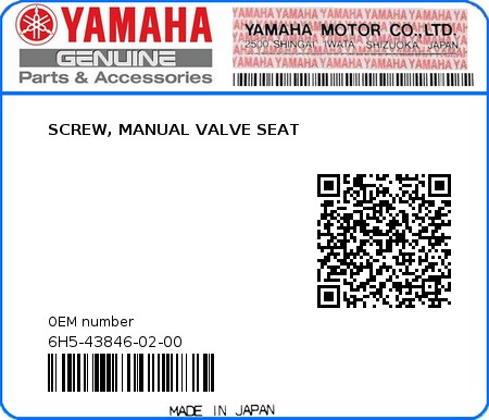 Product image: Yamaha - 6H5-43846-02-00 - SCREW, MANUAL VALVE SEAT 