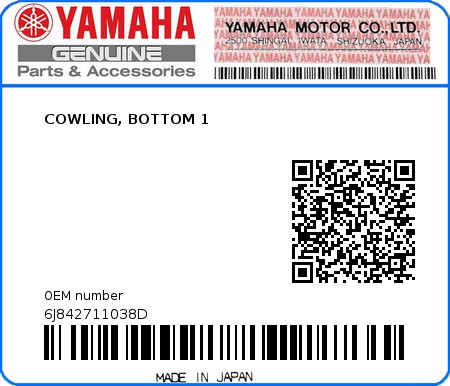 Product image: Yamaha - 6J842711038D - COWLING, BOTTOM 1  0