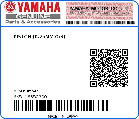 Product image: Yamaha - 6K5116350300 - PISTON (0.25MM O/S) 