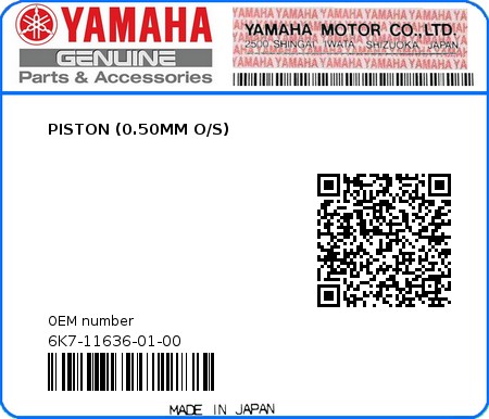 Product image: Yamaha - 6K7-11636-01-00 - PISTON (0.50MM O/S)  0