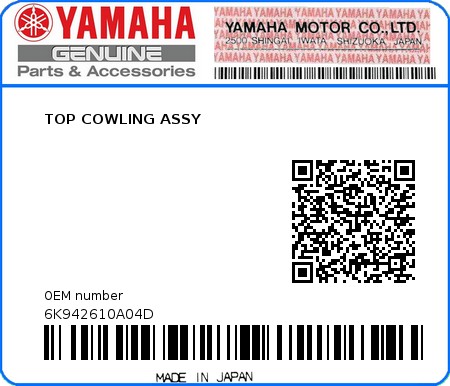 Product image: Yamaha - 6K942610A04D - TOP COWLING ASSY 