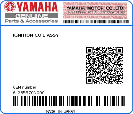 Product image: Yamaha - 6L285570N000 - IGNITION COIL ASSY 