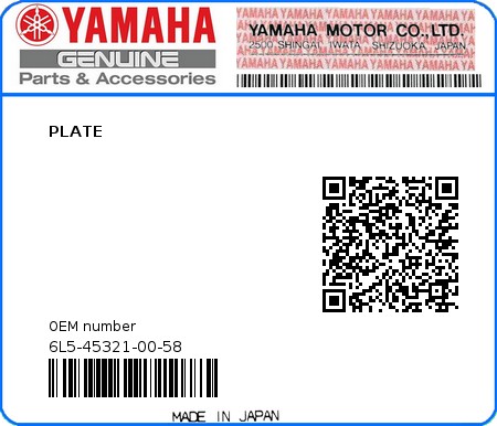 Product image: Yamaha - 6L5-45321-00-58 - PLATE  0