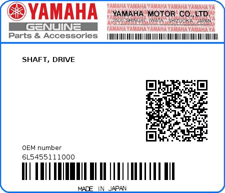 Product image: Yamaha - 6L5455111000 - SHAFT, DRIVE 