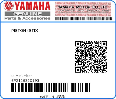 Product image: Yamaha - 6P2116310193 - PISTON (STD)  0