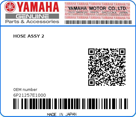 Product image: Yamaha - 6P21257E1000 - HOSE ASSY 2  0