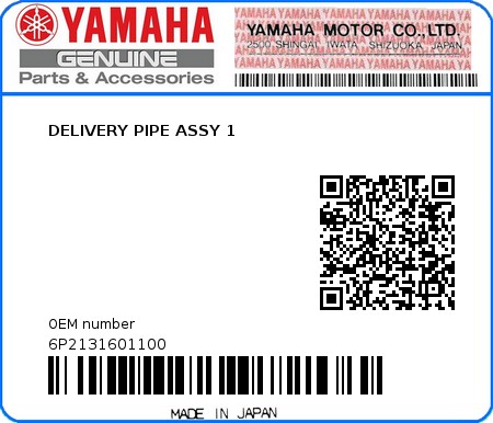 Product image: Yamaha - 6P2131601100 - DELIVERY PIPE ASSY 1  0