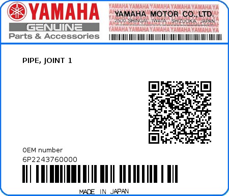 Product image: Yamaha - 6P2243760000 - PIPE, JOINT 1 