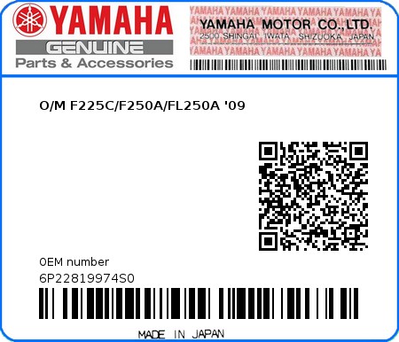 Product image: Yamaha - 6P22819974S0 - O/M F225C/F250A/FL250A '09 