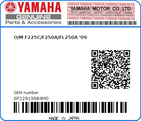 Product image: Yamaha - 6P22819984M0 - O/M F225C/F250A/FL250A '09  0