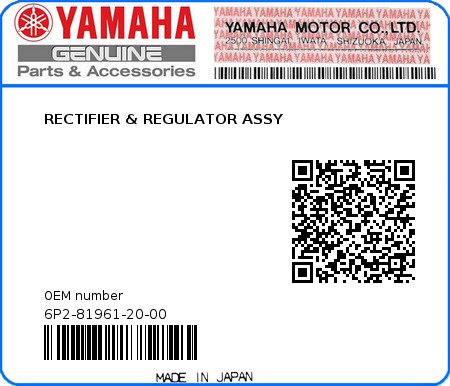 Product image: Yamaha - 6P2-81961-20-00 - RECTIFIER & REGULATOR ASSY  0