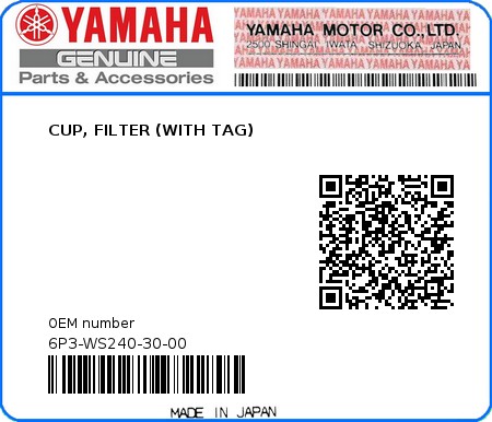 Product image: Yamaha - 6P3-WS240-30-00 - CUP, FILTER (WITH TAG) 