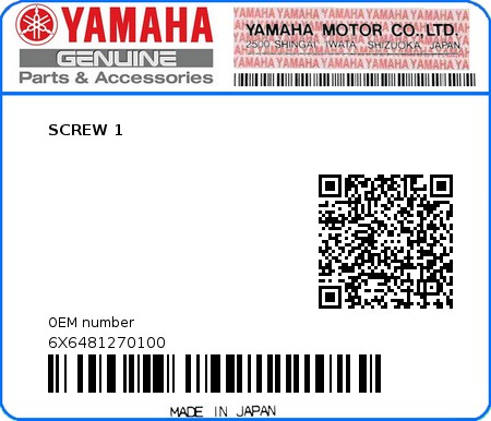 Product image: Yamaha - 6X6481270100 - SCREW 1 