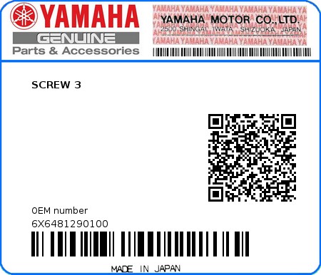 Product image: Yamaha - 6X6481290100 - SCREW 3  0