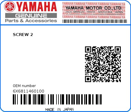 Product image: Yamaha - 6X6811460100 - SCREW 2  0