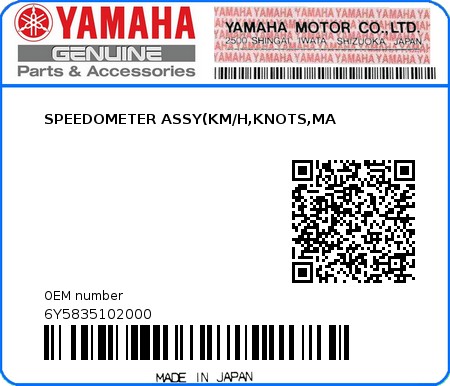 Product image: Yamaha - 6Y5835102000 - SPEEDOMETER ASSY(KM/H,KNOTS,MA  0