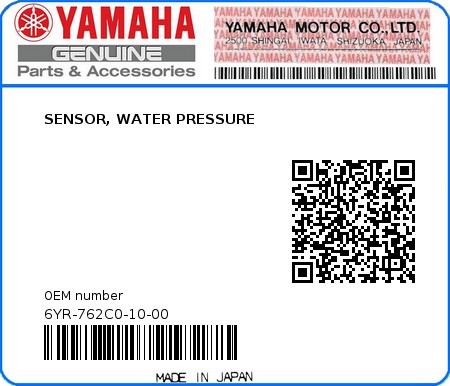 Product image: Yamaha - 6YR-762C0-10-00 - SENSOR, WATER PRESSURE  0