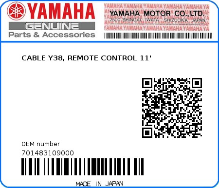 Product image: Yamaha - 701483109000 - CABLE Y38, REMOTE CONTROL 11' 